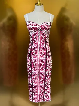 Modes Dizainere Vasaras Zīda Sieviešu Bustier Midi Kleita Ar Spageti Siksnas Ziedu Drukāt Elegants Puse Pakete Sēžamvietas Kleitas