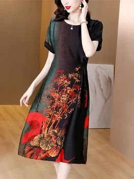 Sieviešu Midi 2023 Jaunā Zīda Vasaras Kleita Drukāšanas Elegants Puse Tunikas O-Veida Kakla Korejas Modes Sieviešu Ikdienas Vintage Vakara Kleitas