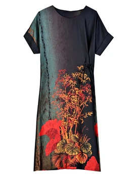 Sieviešu Midi 2023 Jaunā Zīda Vasaras Kleita Drukāšanas Elegants Puse Tunikas O-Veida Kakla Korejas Modes Sieviešu Ikdienas Vintage Vakara Kleitas