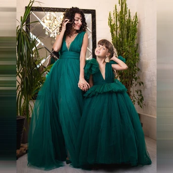 Zaļā Māmiņa un Man Elsojošs Tilla Kleitas Photoshoot Māte Meitu Atbilstošas Kleitas Princese Meitene, Dzimšanas dienas svinības, Kāzu Balles Kleita