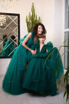 Zaļā Māmiņa un Man Elsojošs Tilla Kleitas Photoshoot Māte Meitu Atbilstošas Kleitas Princese Meitene, Dzimšanas dienas svinības, Kāzu Balles Kleita